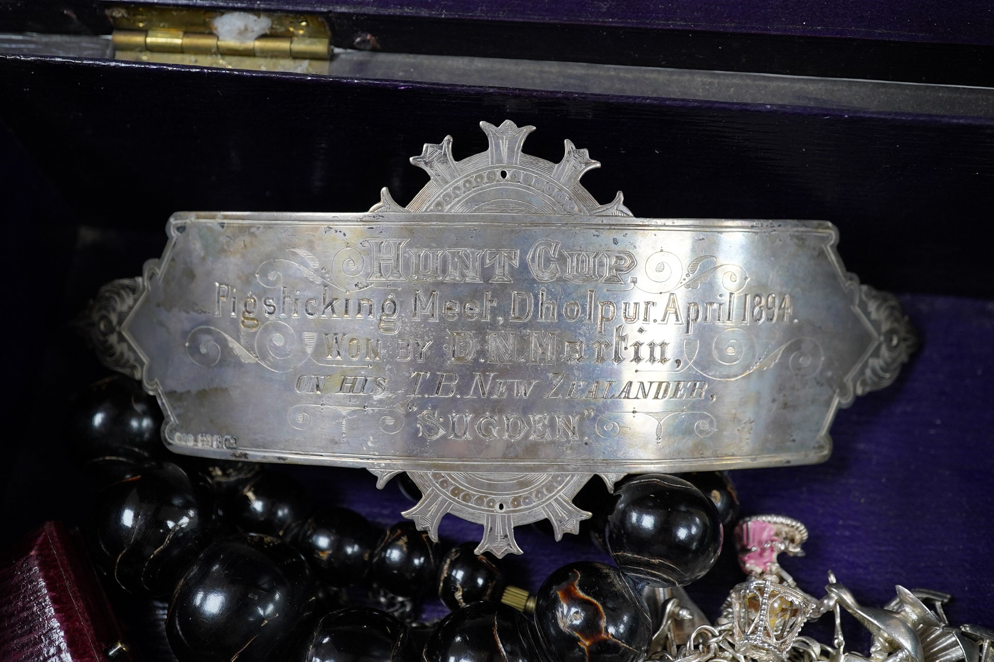 Mixed mainly costume jewellery and other items including an engraved Victorian silver plaque, a similar sifter spoon and a silver topped toilet jar, Condition - poor to fair